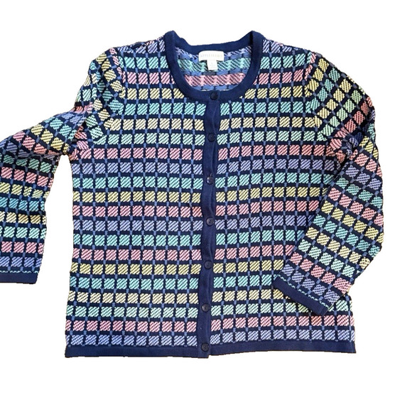 Appleseeds Womens Cardigan Size Large Pastel Print Knit Sweater 100% Cotton 1824 - Picture 1 of 8